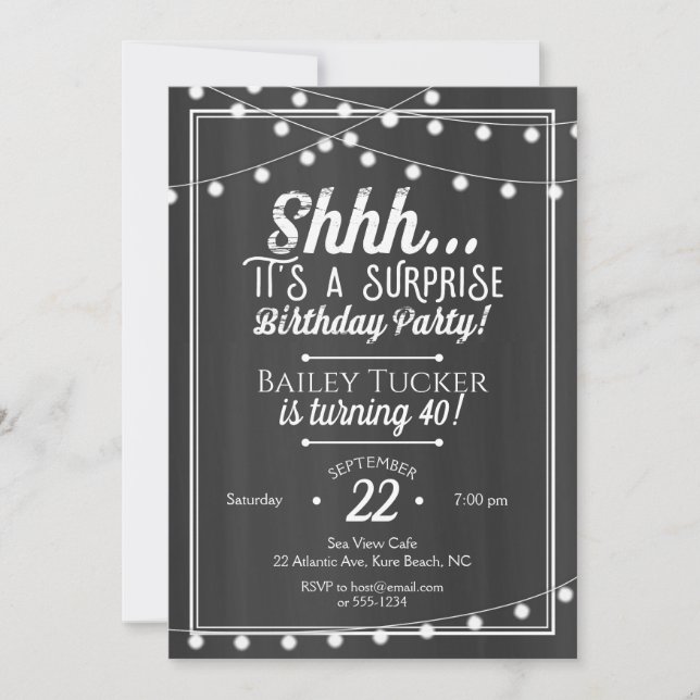 Surprise Birthday String Lights on Chalkboard Invitation (Front)