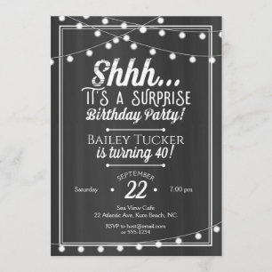 Surprise Birthday String Lights on Chalkboard Invitation