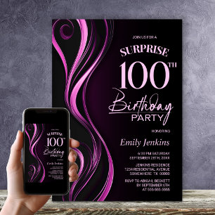 Surprise Black and Pink 100th Birthday Party Invitation