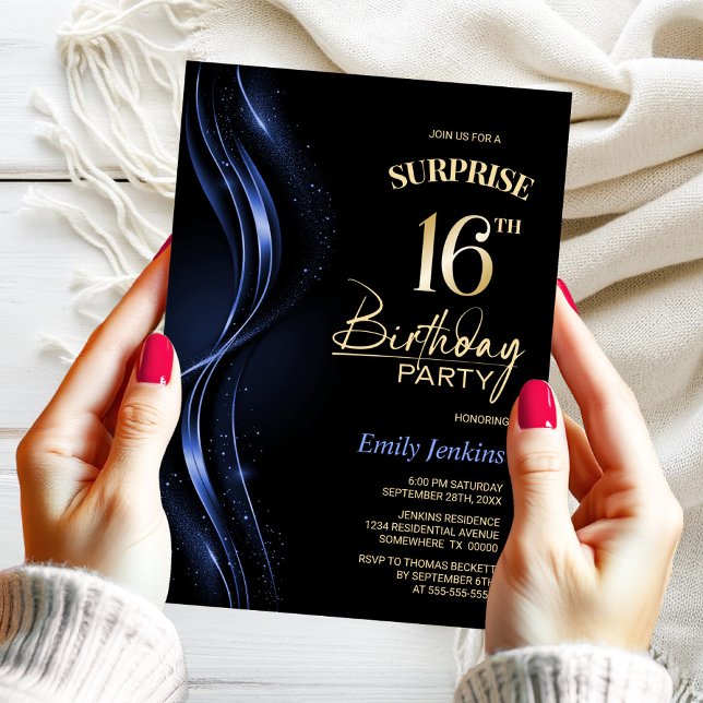 Surprise Black Blue 16th Birthday Party Invitation (Creator Uploaded)