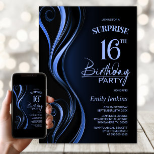 Surprise Black Blue 16th Birthday Party Invitation