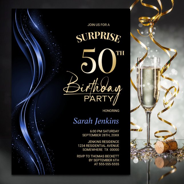 Surprise Black Blue 50th Birthday Party Invitation (Creator Uploaded)