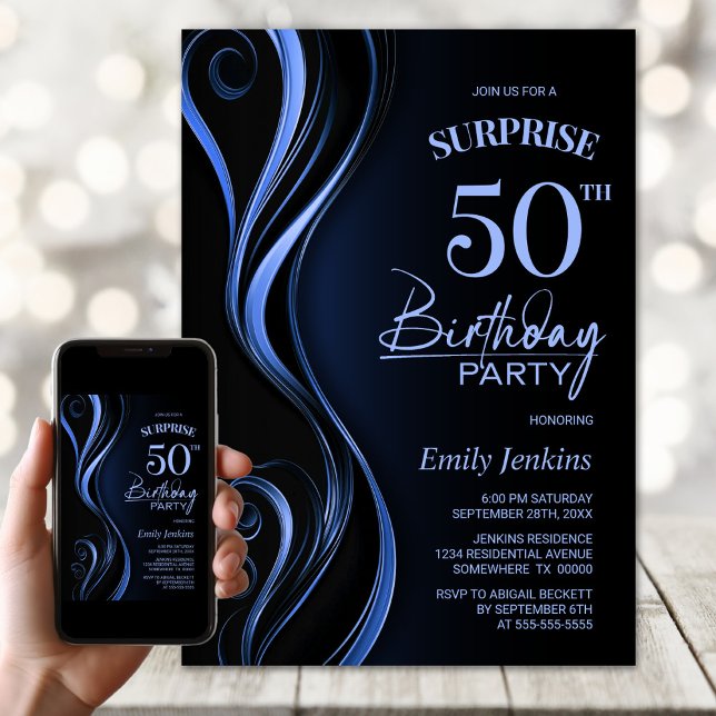 Surprise Black Blue 50th Birthday Party Invitation (Creator Uploaded)