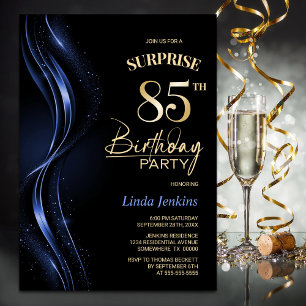 Surprise Black Blue 85th Birthday Party Invitation