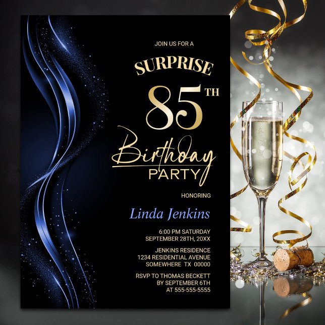 Surprise Black Blue 85th Birthday Party Invitation (Creator Uploaded)