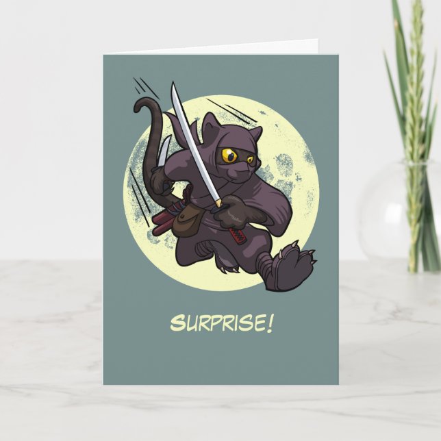 Surprise! Black Cat Ninja Flying Kick Cartoon Card (Front)