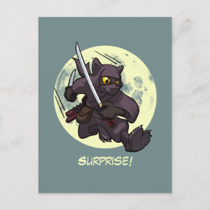 Surprise! Black Cat Ninja Flying Kick Cartoon Postcard
