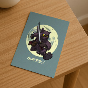 Surprise! Black Cat Ninja Flying Kick Cartoon Postcard
