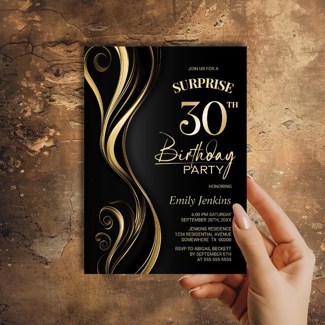 Surprise Black Gold 30th Birthday Party Invitation (Creator Uploaded)