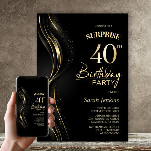 Surprise Black Gold 40th Birthday Party Invitation