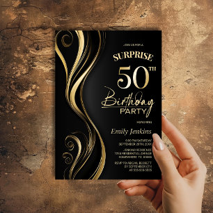 Surprise Black Gold 50th Birthday Party Invitation