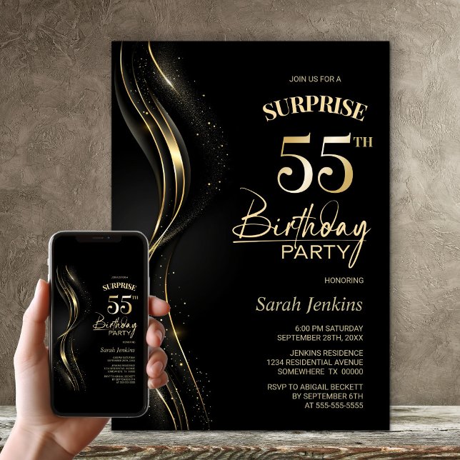 Surprise Black Gold 55th Birthday Party Invitation (Creator Uploaded)