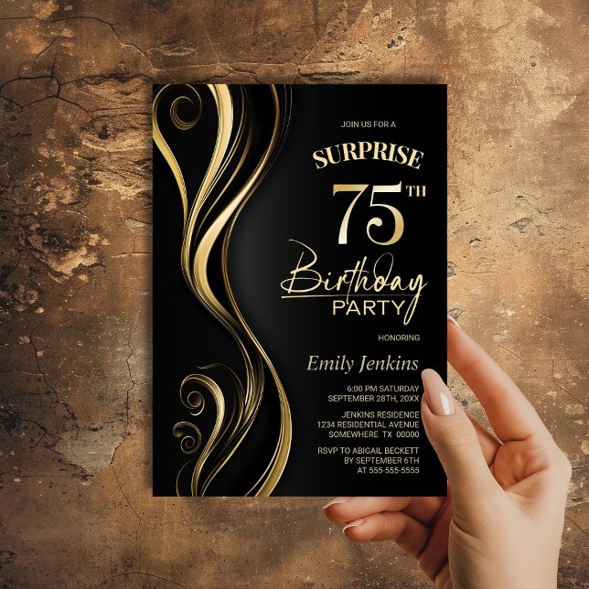 Surprise Black Gold 75th Birthday Party Invitation (Creator Uploaded)