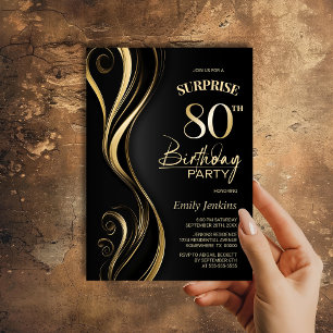 Surprise Black Gold 80th Birthday Party Invitation