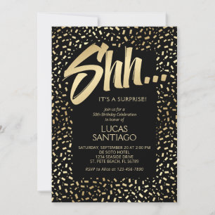 Surprise Black Gold Confetti Birthday Invitation