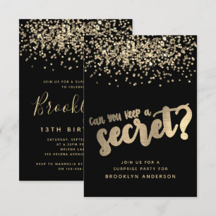 Surprise Black Gold Glitter Birthday Invitation
