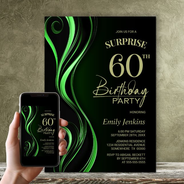 Surprise Black Green 60th Birthday Party Invitation (Creator Uploaded)