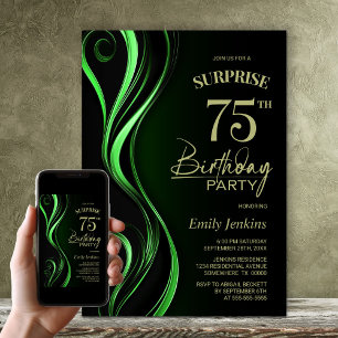 Surprise Black Green 75th Birthday Party Invitation