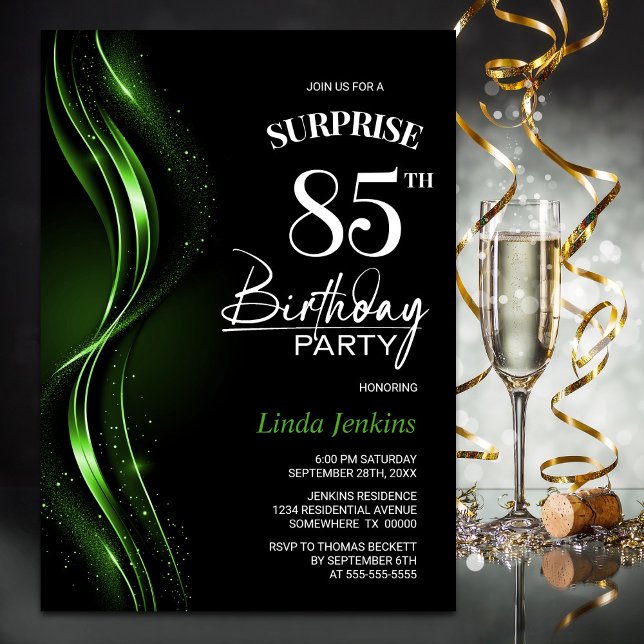 Surprise Black Green 85th Birthday Party Invitation (Creator Uploaded)