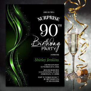 Surprise Black Green 90th Birthday Party Invitation