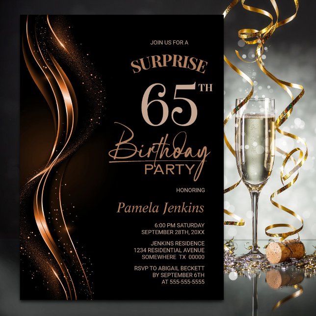 Surprise Black Orange 65th Birthday Party Invitation (Creator Uploaded)
