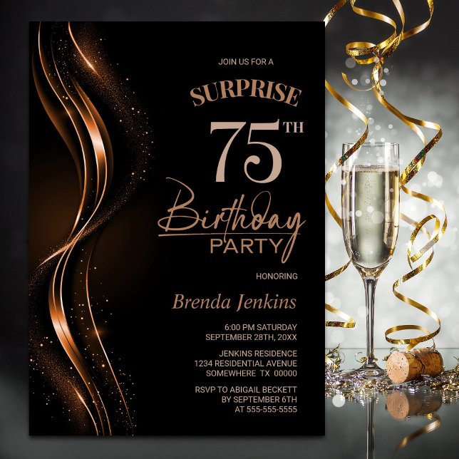 Surprise Black Orange 75th Birthday Party Invitation (Creator Uploaded)