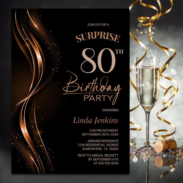 Surprise Black Orange 80th Birthday Party Invitation (Creator Uploaded)