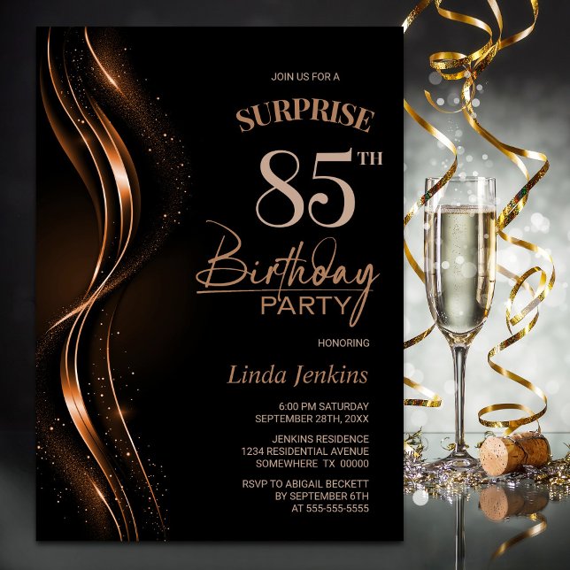 Surprise Black Orange 85th Birthday Party Invitation (Creator Uploaded)