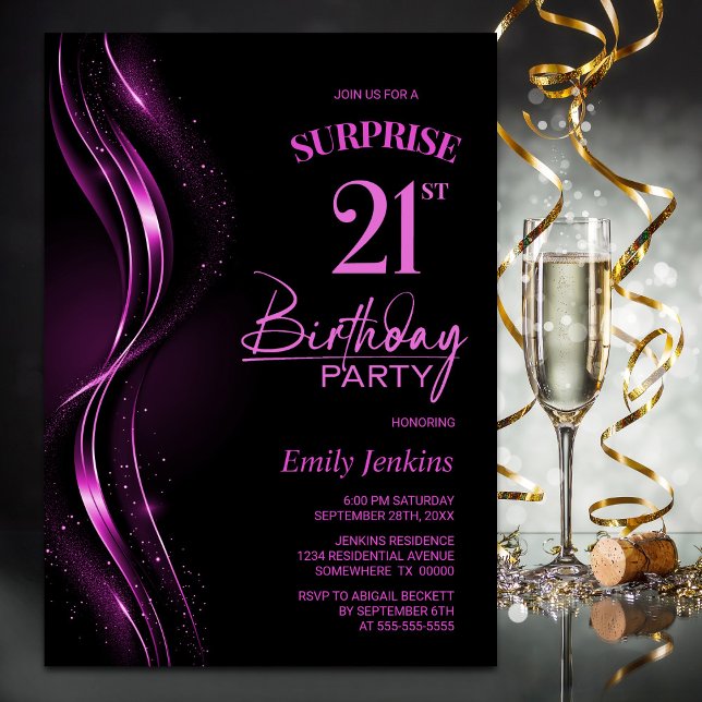 Surprise Black Pink 21st Birthday Party Invitation (Creator Uploaded)