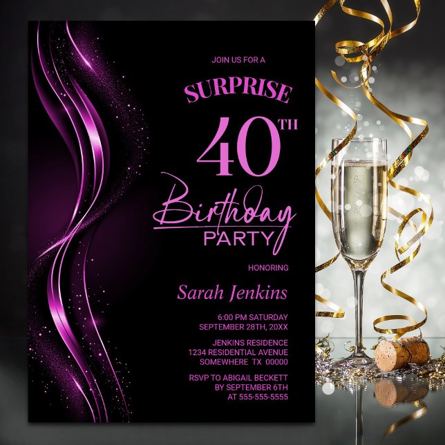 Surprise Black Pink 40th Birthday Party Invitation (Creator Uploaded)