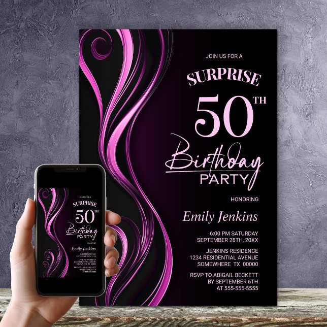 Surprise Black Pink 50th Birthday Party Invitation (Creator Uploaded)