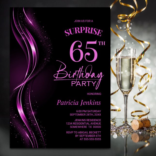 Surprise Black Pink 65th Birthday Party Invitation (Creator Uploaded)
