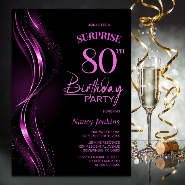 Surprise Black Pink 80th Birthday Party Invitation (Creator Uploaded)