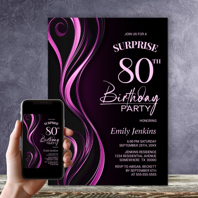Surprise Black Pink 80th Birthday Party Invitation (Creator Uploaded)