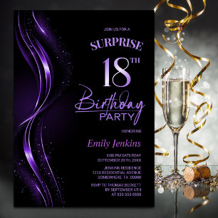 Surprise Black Purple 18th Birthday Party Invitation