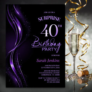 Surprise Black Purple 40th Birthday Party Invitation