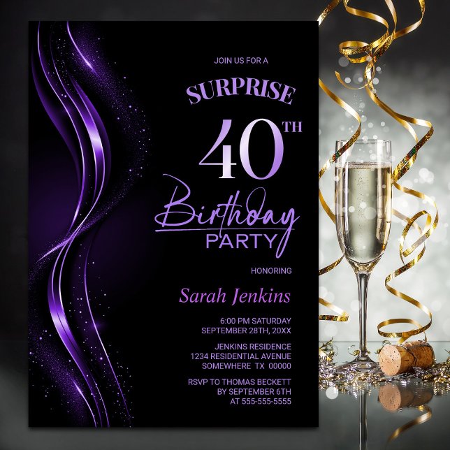 Surprise Black Purple 40th Birthday Party Invitation (Creator Uploaded)