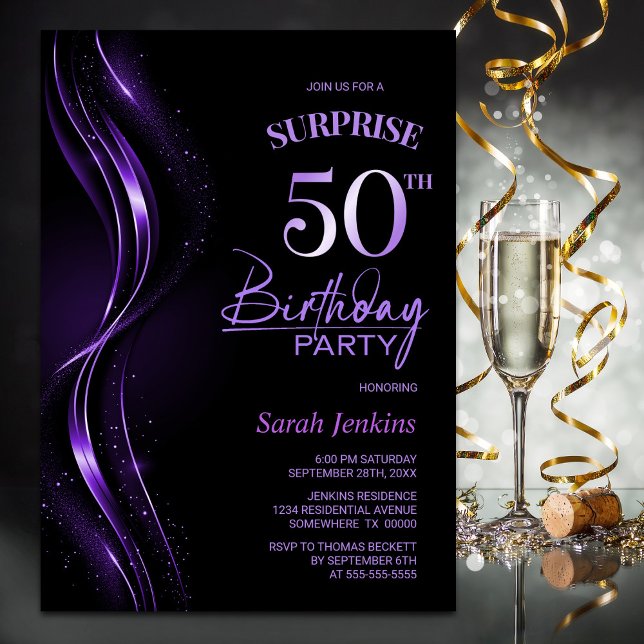 Surprise Black Purple 50th Birthday Party Invitation (Creator Uploaded)