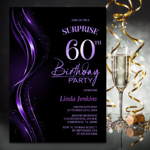 Surprise Black Purple 60th Birthday Party Invitation