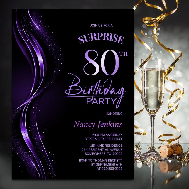 Surprise Black Purple 80th Birthday Party Invitation (Creator Uploaded)