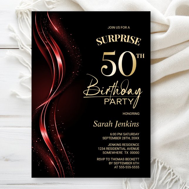 Surprise Black Red 50th Birthday Party Invitation (Creator Uploaded)