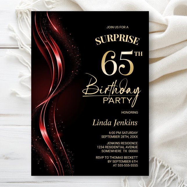Surprise Black Red 65th Birthday Party Invitation (Creator Uploaded)
