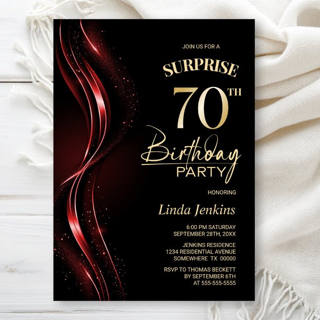 Surprise Black Red 70th Birthday Party Invitation (Creator Uploaded)