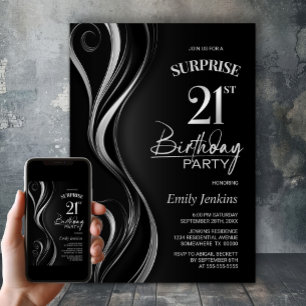 Surprise Black Silver 21st Birthday Party Invitation