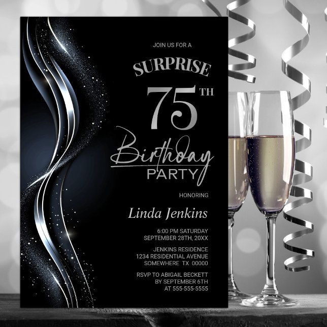 Surprise Black Silver 75th Birthday Party Invitation (Creator Uploaded)