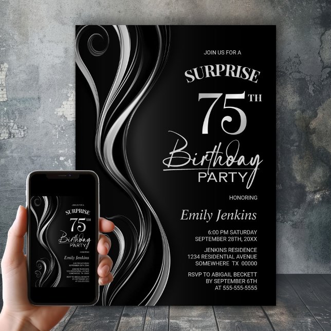 Surprise Black Silver 75th Birthday Party Invitation (Creator Uploaded)