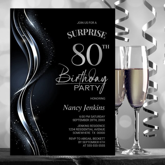 Surprise Black Silver 80th Birthday Party Invitation (Creator Uploaded)