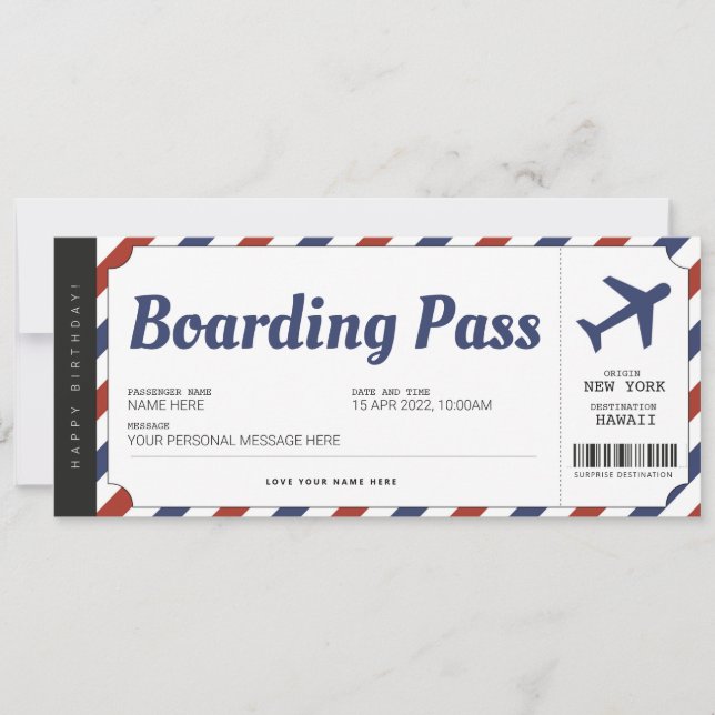 Surprise Boarding Pass Aeroplane Gift Ticket Invitation (Front)