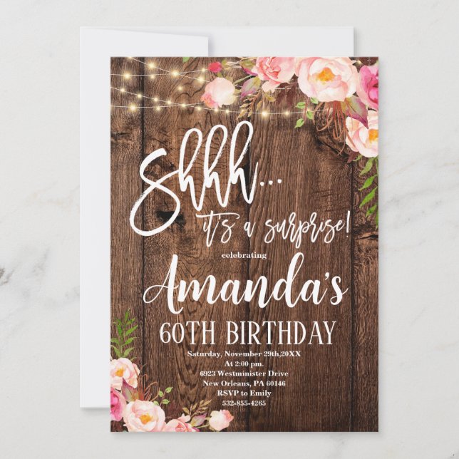 Surprise Boho Floral Birthday, Rustic Birthday Invitation (Front)