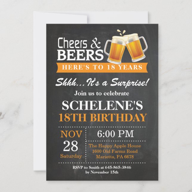 Surprise Cheers and Beers 18th Birthday Invitation (Front)